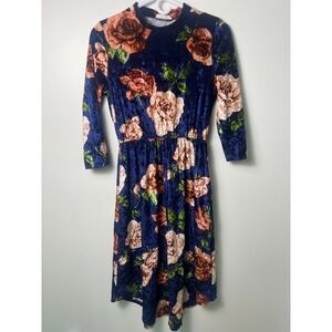 Reb & J Floral Crushed Velvet Dress Wm M Blue 3/4 Sleeve Mock Neck Rose Cottage